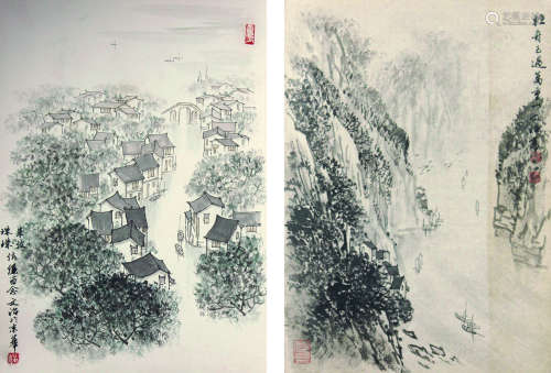 宋文治 山水二帧 设色纸本 画册