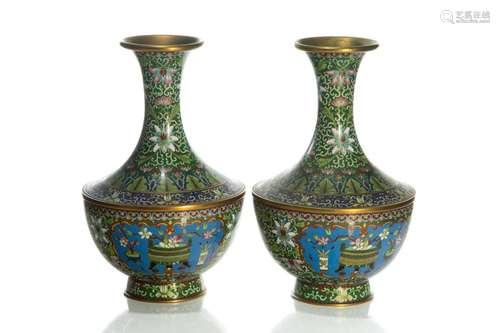 PAIR OF CHINESE CREEN GROUND CLOISONNE VASES