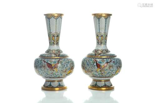 FINE PAIR OF CHINESE WHITE GROUND CLOISONNE VASES