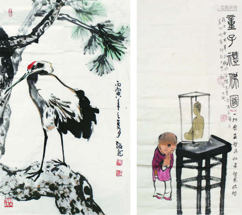 王炳龙、李学明 松鹤、童子二帧 设色纸本 软片