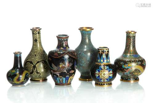 SIX FINE MINIATURE CHINESE CLOISONNE VASES