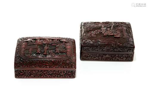 TWO CHINESE CARVED RED LACQUER RECTANGULAR BOXES