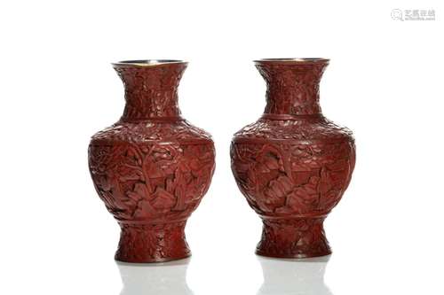 PAIR OF RED CHINESE LACQUER VASES