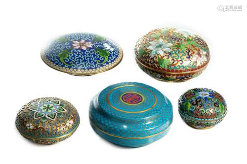 FIVE CHINESE CLOISONNE PASTE BOXES