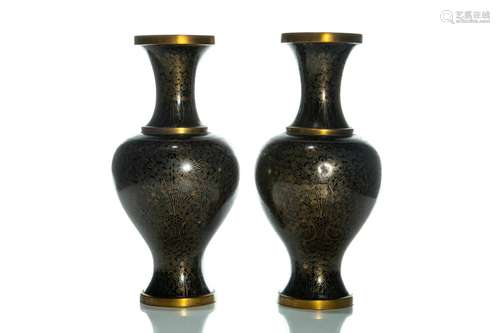 PAIR OF CHINESE BLACK MONOCHROME CLOISONNE VASES