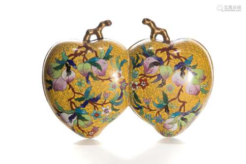 CHINESE YELLOW GROUND CLOISONNE DOUBLE PEACH BOX