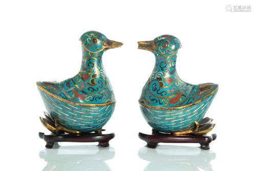 PAIR OF CHINESE BLUE CLOISONNE DUCK EWERS ON STAND