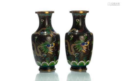 PAIR OF CHINESE CLOISONNE DRAGON VASES