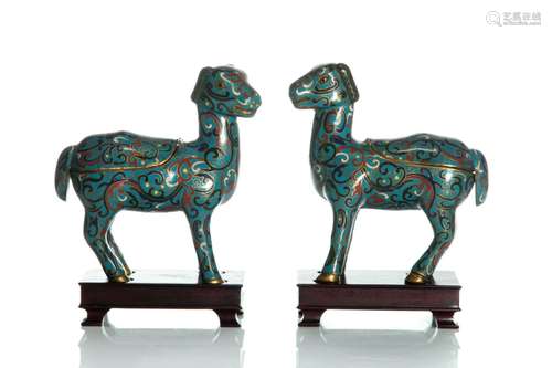 PAIR OF CHINESE BLUE CLOISONNE GOAT CENSERS