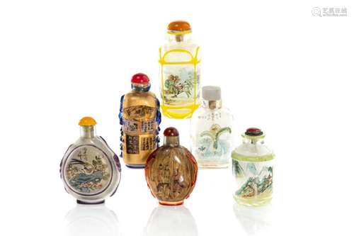 SIX INTERIOR PAINTED CHINESE GLASS SNUFF BOTTLES