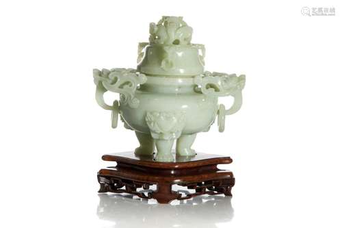 CHINESE NEPHRITE JADE COVERED CENSER ON STAND