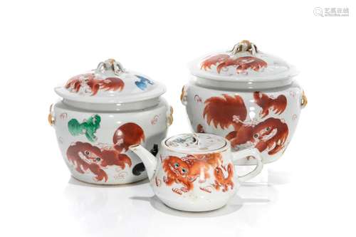 PAIR OF CHINESE PORCELAIN COVERED POTS AND TEAPOT