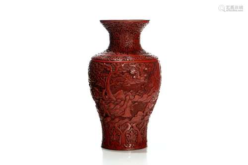 CHINESE RED LACQUER CARVED LANDSCAPE VASE