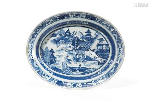 CHINESE WELL & TREE CANTON BLUE AND WHITE PLATTER