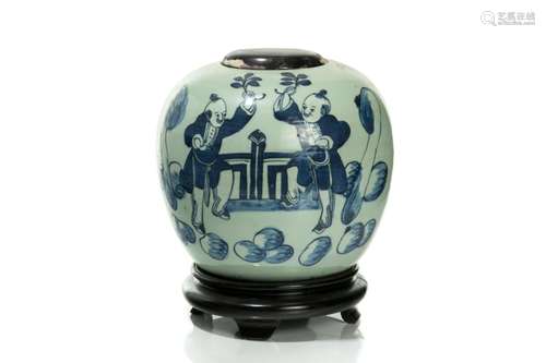 CHINESE UNDERGLAZE BLUE PORCELAIN JAR ON STAND