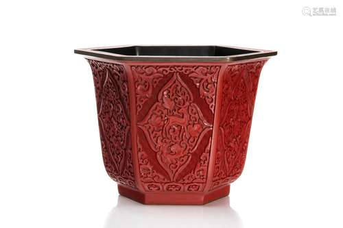 CHINESE RED LACQUER HEXAGONAL JARDENIERE