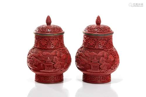 PAIR OF CHINESE RED LACQUER COVERED JARS