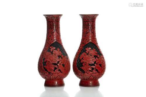 PAIR OF TWO-TONED CHINESE LACQUER VASES