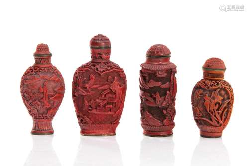 FOUR CHINESE RED LACQUER SNUFF BOTTLES