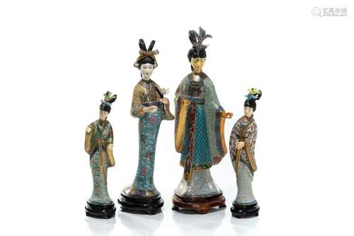 FOUR CHINESE DECORATIVE CLOISONNE FEMALE FIGURES