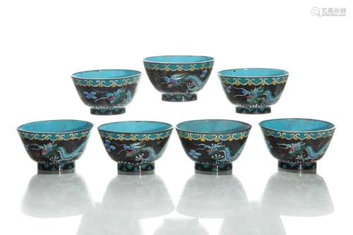 SEVEN CHINESE CLOISONNE DRAGON BOWLS