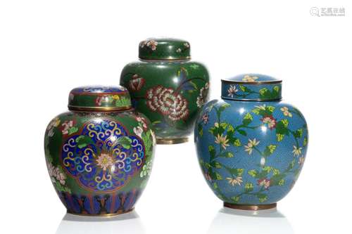 THREE CHINESE CLOISONNE COVERED GINGER JARS