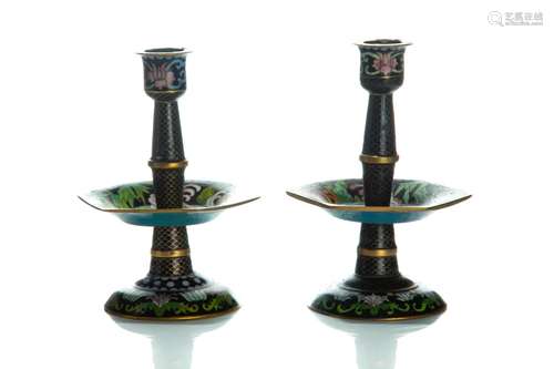 NEAR PAIR OF CHINESE BLACK CLOISONNE PRICKETS