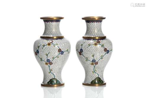 TWO CHINESE WHITE CLOISONNE BOTTLE VASES