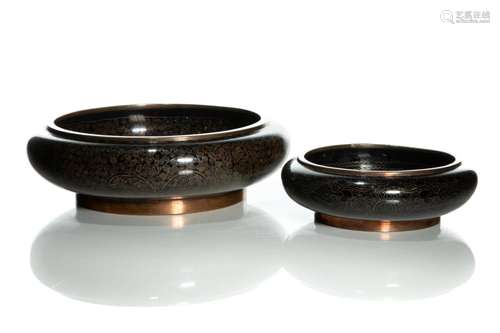 TWO BLACK CHINESE CLOISONNE BOWLS