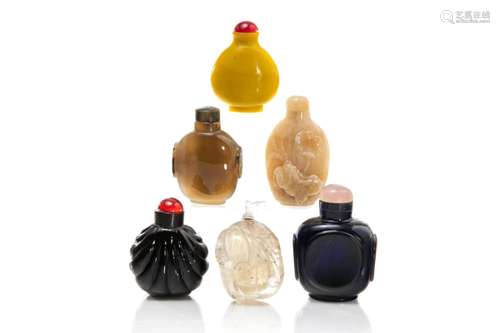 SIX CHINESE ASSORTED GLASS & STONE SNUFF BOTTLES