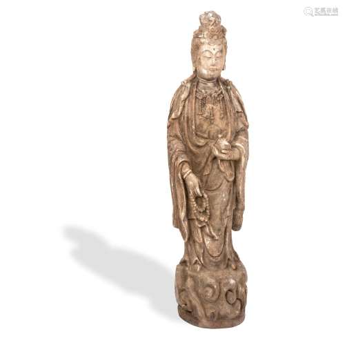 A LARGE CARVED WOOD FIGURE OF GUANYIN