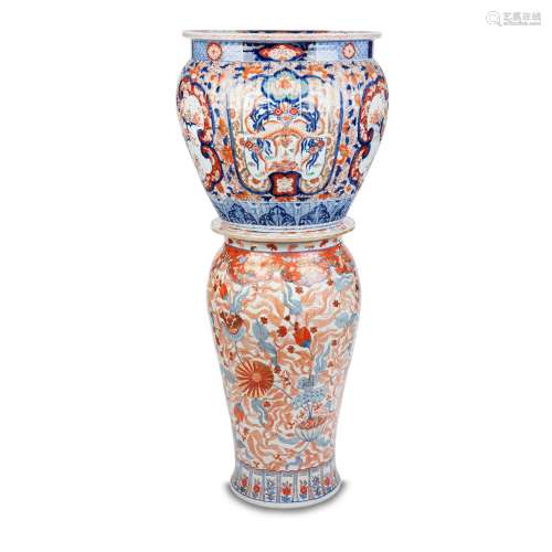 A LARGE JAPANESE IMARI JARDINIERE AND A PEDESTAL STAND