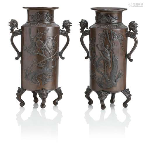 A PAIR OF JAPANESE BRONZE TWO-HANDLED VASES