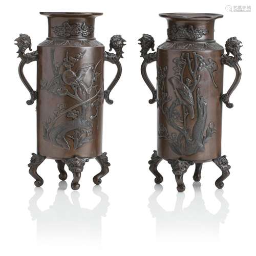 A PAIR OF JAPANESE BRONZE TWO-HANDLED VASES