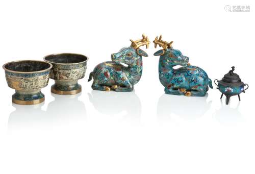 A PAIR OF CHINESE POLYCHROME CLOISONNE RECUMBENT DEER CENSER...
