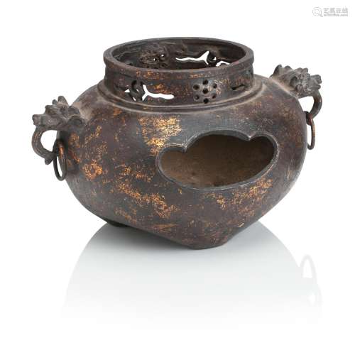 A CHINESE CAST IRON AND GOLD SPLASHED CENSER,