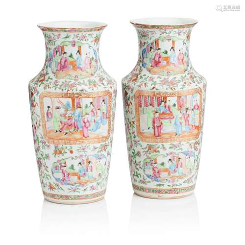 A PAIR OF CANTONESE EXPORT PORCELAIN VASES