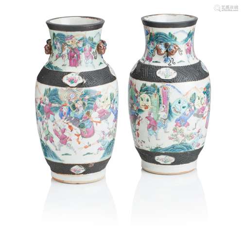 A PAIR OF  CANTON FAMILLE ROSE VASES