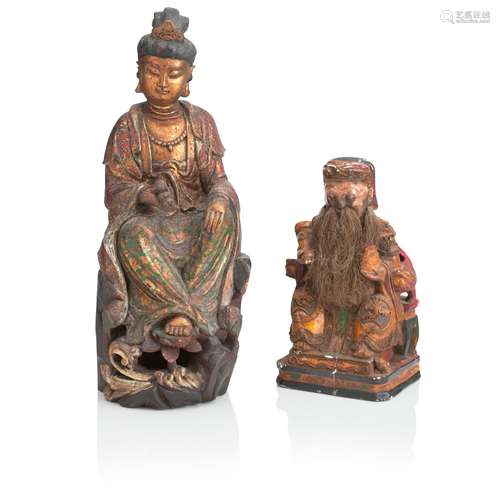 TWO CHINESE POLYCHROME PAINTED HARDWOOD FIGURES