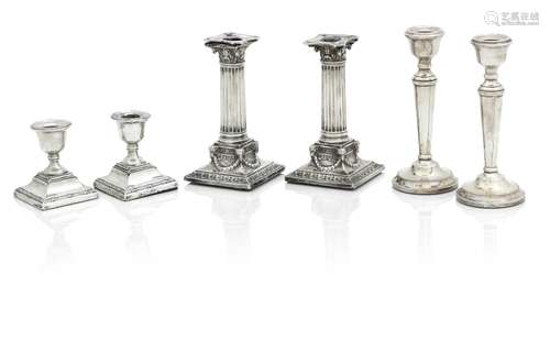 THREE PAIRS OF SILVER CANDLESTICKS