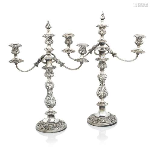 A PAIR OF VICTORIAN SHEFFIELD PLATE THREE-LIGHT CANDELBRA