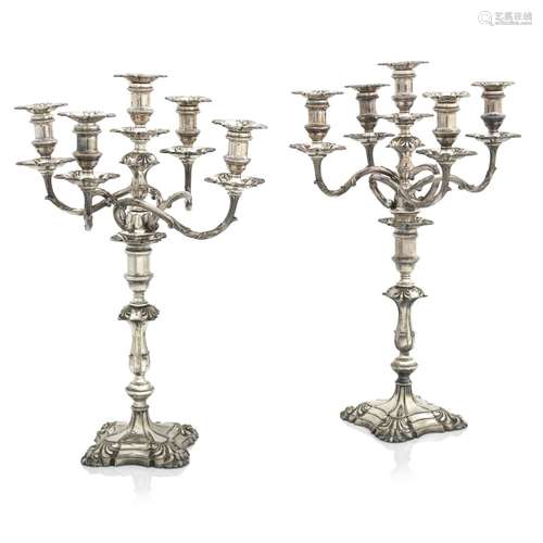 A PAIR OF VICTORIAN ELECTROPLATED FIVE LIGHT CANDELABRA