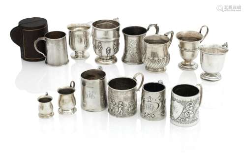 A COLLECTION OF THIRTEEN SILVER MUGS