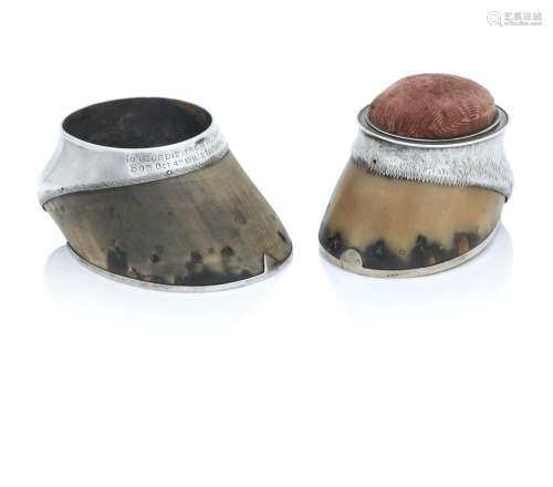 TWO SILVER-MOUNTED HORSES HOOF PIN CUSHIONS