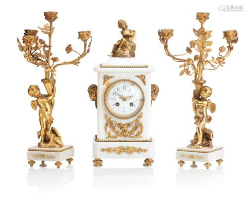 AN EARLY 20TH CENTURY FRENCH WHITE MARBLE AND GILT BRASS CLO...