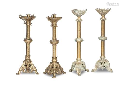 A PAIR OF VICTORIAN GOTHIC BRASS ALTAR CANDLESTICKS