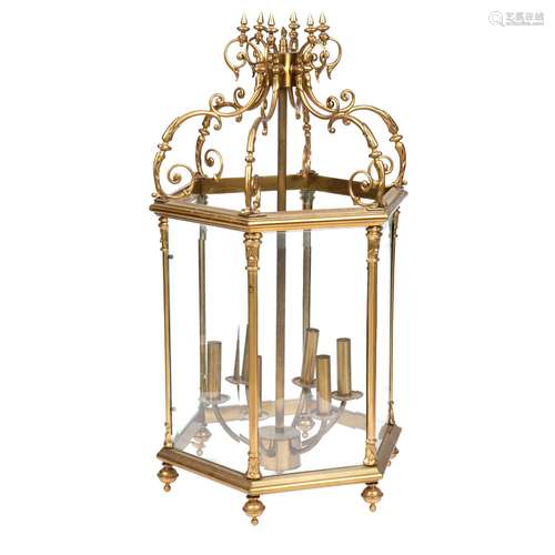 A BRASS SIX-LIGHT HALL LANTERN