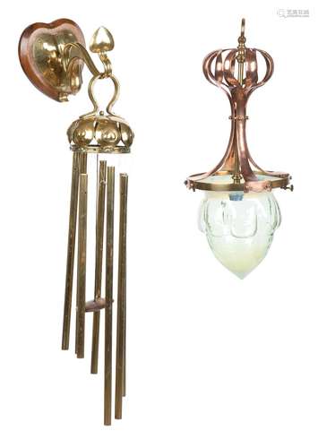 AN ART NOUVEAU COPPER, BRASS AND VASELINE GLASS CEILING LIGH...