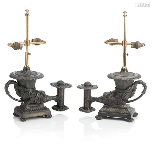 A PAIR OF REGENCY PATINATED BRONZE COLZA RHYTON  OIL LAMPS