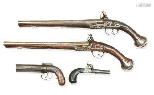 A PAIR OF EARLY 19TH CENTURY CONTINENTAL WALNUT FLINTLOCK SP...